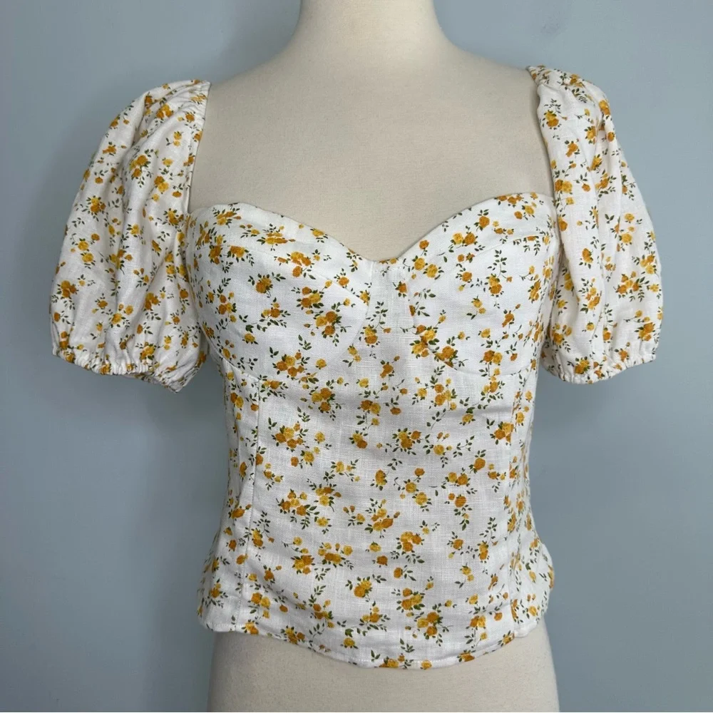 Reformation Andra White Yellow Floral Puff Sleeves Smocked Top Size 6 - Picture 5 of 13